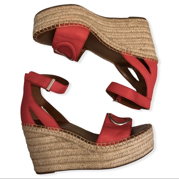 👡 Coral Red Leather Espadrilles Wedge Heels Silver Accents FRANCO SARTO - Picture 9 of 16